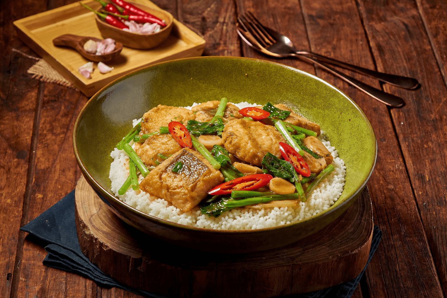 Stir-Fried Sea Bass with Celery on Rice