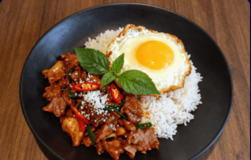 Salt & Chili Stir-fry over Rice with Red BBQ Pork