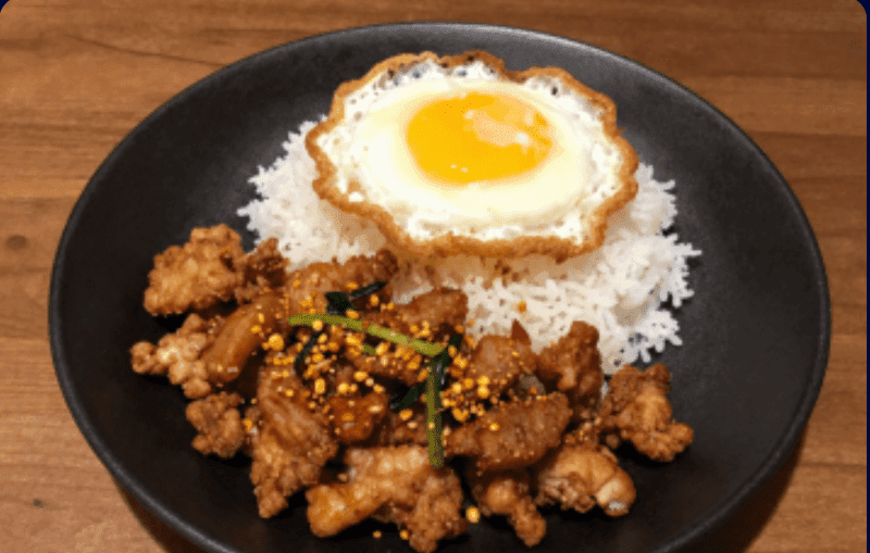 Garlic Stir-fry over Rice with Fried Pork
