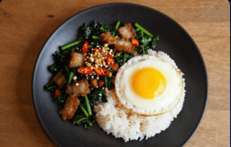 Stir-fried Chinese Kale over Rice with Crispy Pork