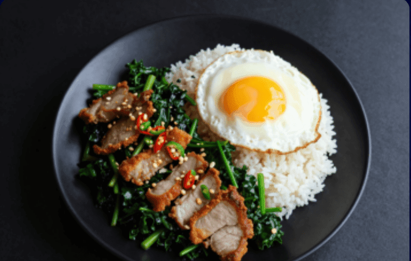 Stir-fried Chinese Kale over Rice with Fried Pork