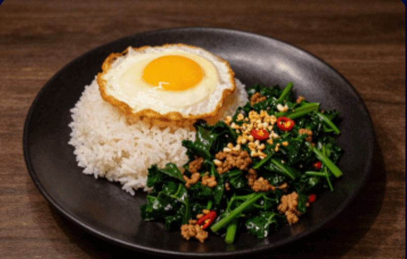 Stir-fried Chinese Kale over Rice with Minced Pork