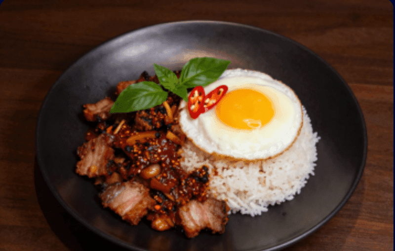 Roasted Chili Paste Stir-fry over Rice with Crispy Pork