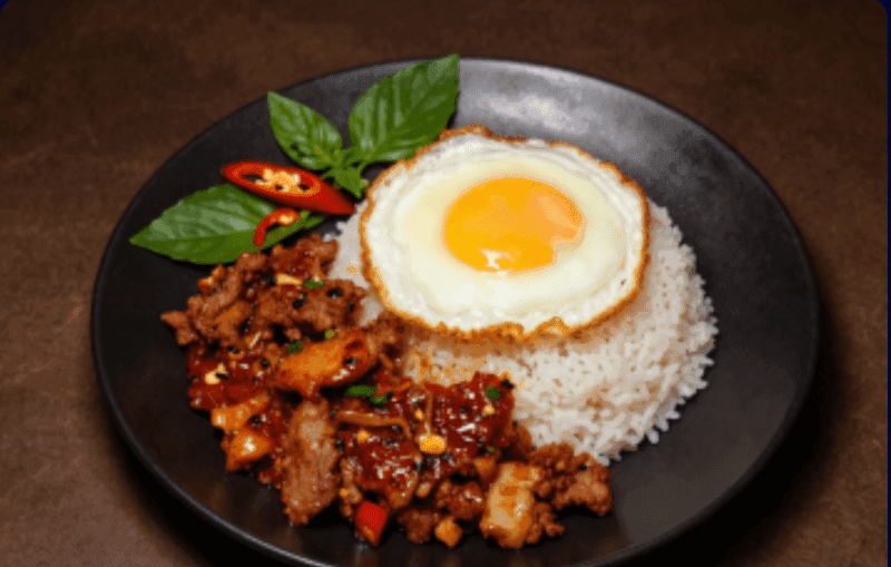 Roasted Chili Paste Stir-fry over Rice with Fried Pork