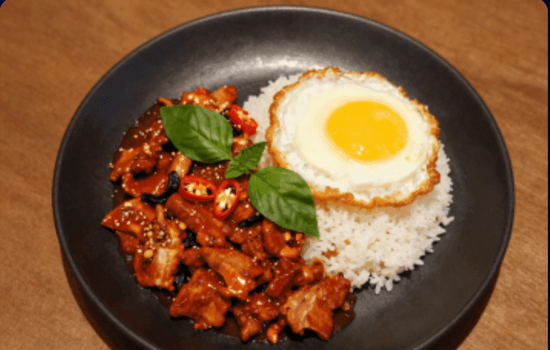 Roasted Chili Paste Stir-fry over Rice with Red BBQ Pork