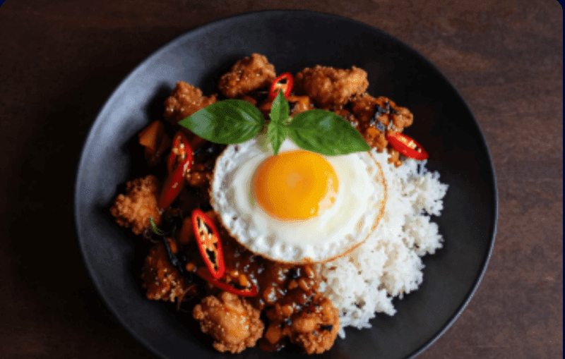 Roasted Chili Paste Stir-fry over Rice with Crispy Chicken
