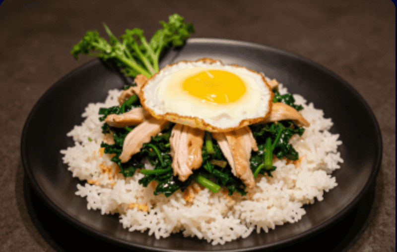 Stir-fried Chinese Kale over Rice with Sliced Chicken