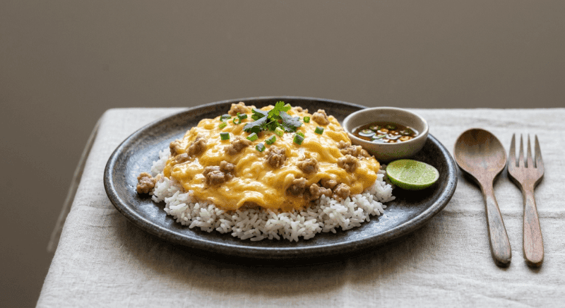 Creamy Omelette with Rice with Minced Pork