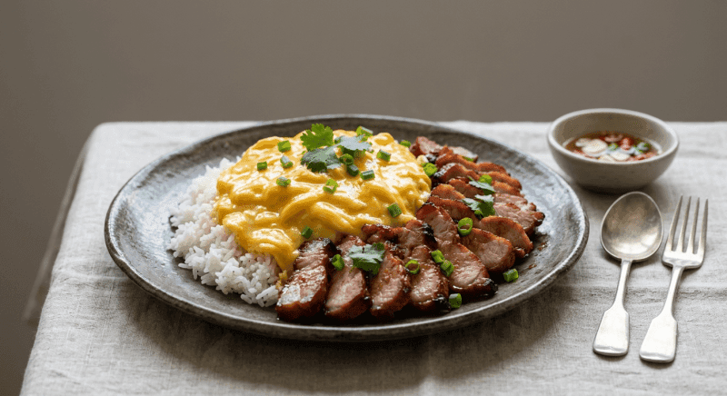 Creamy Omelette with Rice with Red BBQ Pork