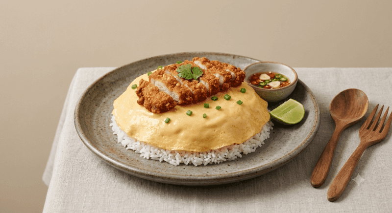Creamy Omelette with Rice with Fried Pork