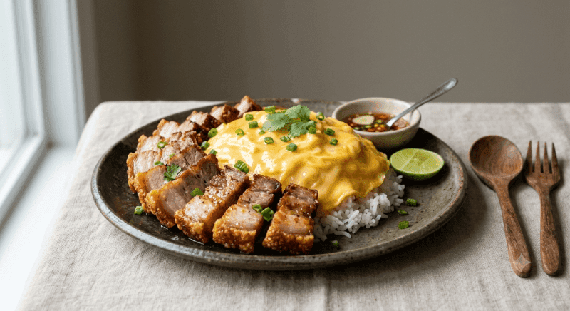 Creamy Omelette with Rice with Crispy Pork