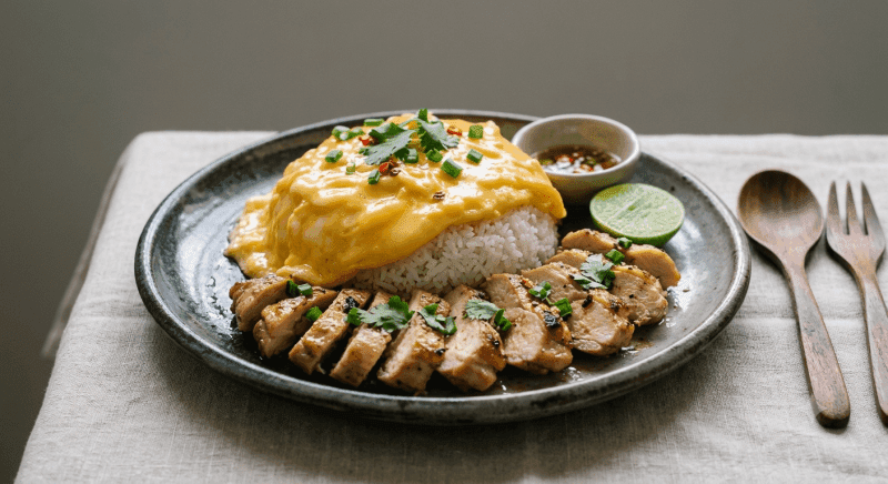 Creamy Omelette with Rice with Sliced Chicken