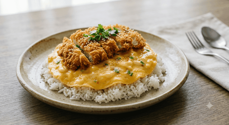 Creamy Omelette with Rice with Crispy Chicken
