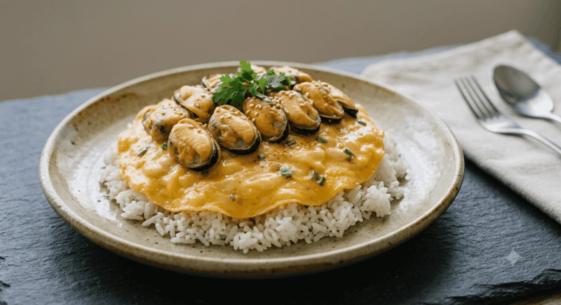 Creamy Omelette with Rice with Mussels