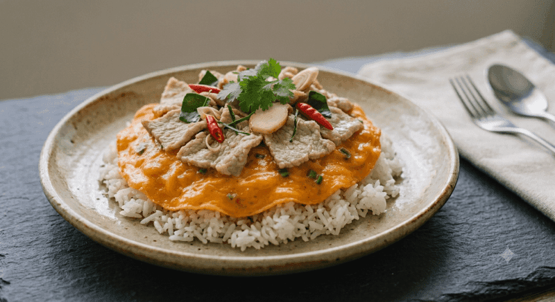 Tom Yum Creamy Omelette with Rice with Sliced Pork