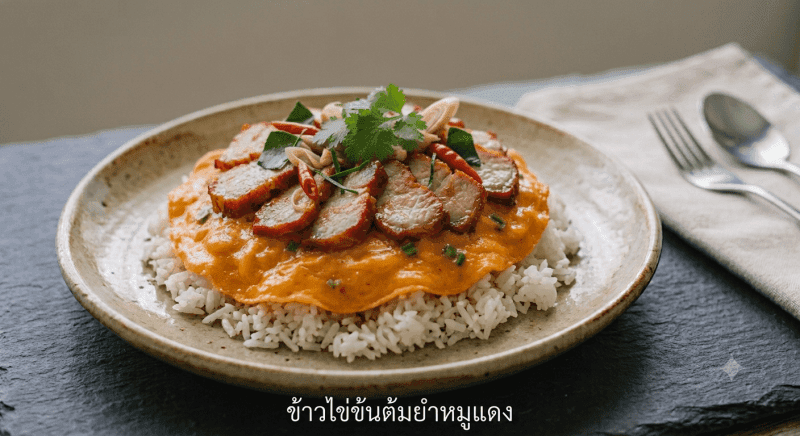 Tom Yum Creamy Omelette with Rice with Red BBQ Pork