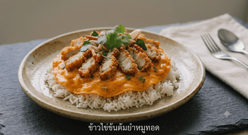 Tom Yum Creamy Omelette with Rice with Fried Pork
