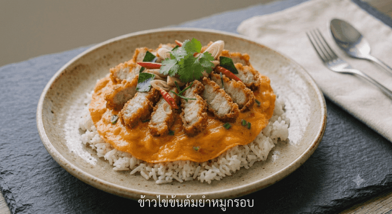 Tom Yum Creamy Omelette with Rice with Crispy Pork