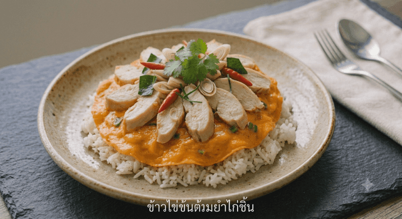 Tom Yum Creamy Omelette with Rice with Sliced Chicken