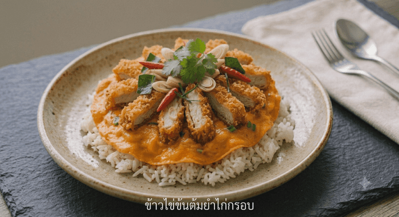 Tom Yum Creamy Omelette with Rice with Crispy Chicken