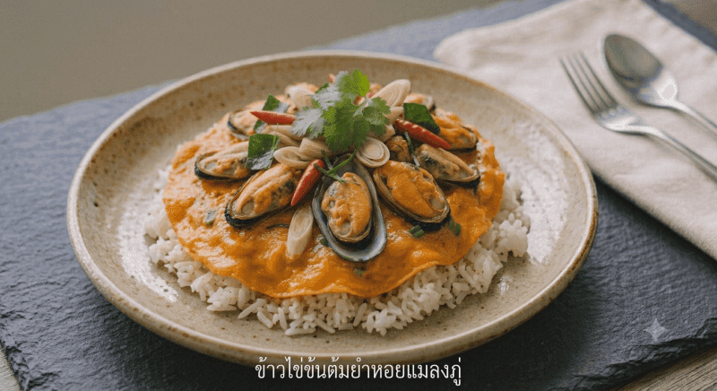 Tom Yum Creamy Omelette with Rice with Mussels