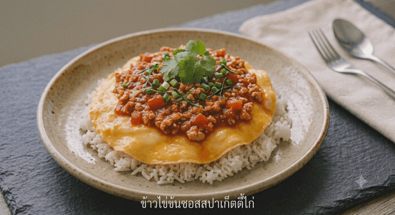 Creamy Omelette with Chicken Spaghetti Sauce over Rice
