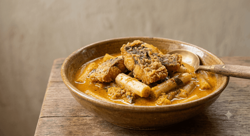 Southern Yellow Curry with Lotus Stems with Fried Sea Bass