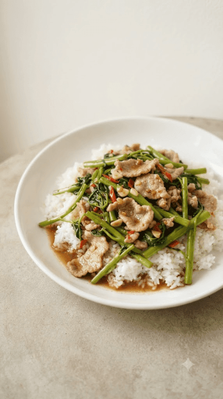 Stir-fried Morning Glory over Rice with Sliced Pork