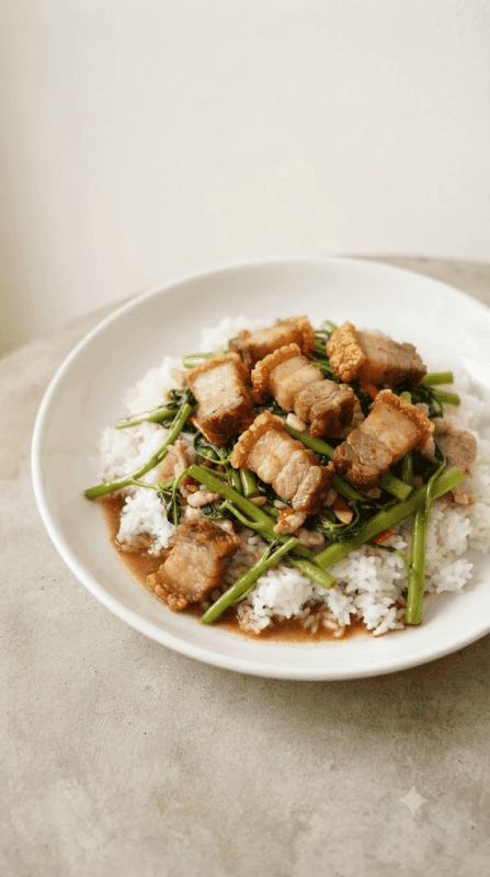 Stir-fried Morning Glory over Rice with Crispy Pork
