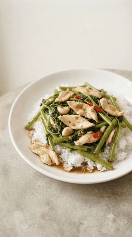 Stir-fried Morning Glory over Rice with Sliced Chicken