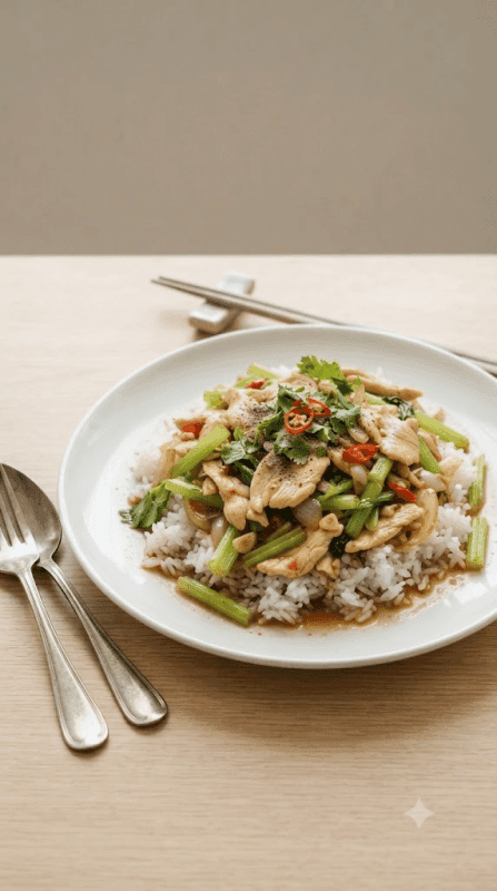 Stir-fried Celery over Rice with Sliced Chicken
