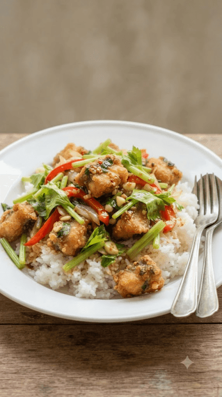 Stir-fried Celery over Rice with Fried Sea Bass