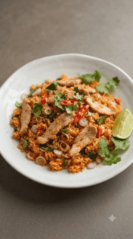 Tom Yum Fried Rice with Sliced Pork