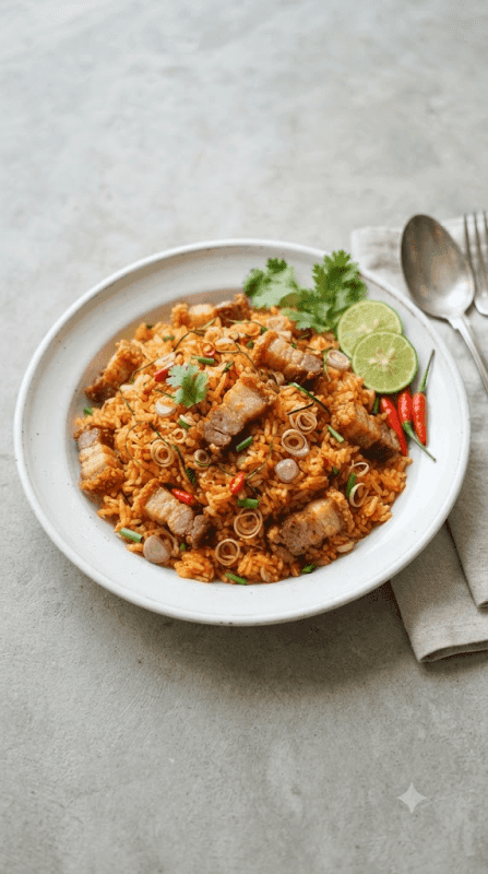 Tom Yum Fried Rice with Crispy Pork