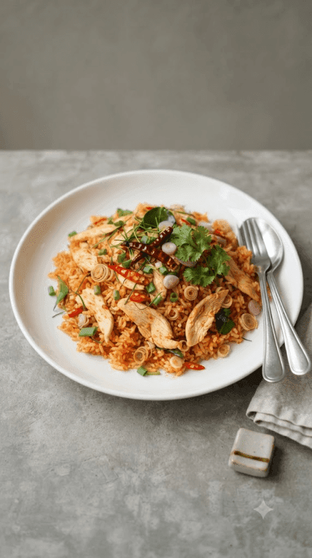 Tom Yum Fried Rice with Sliced Chicken
